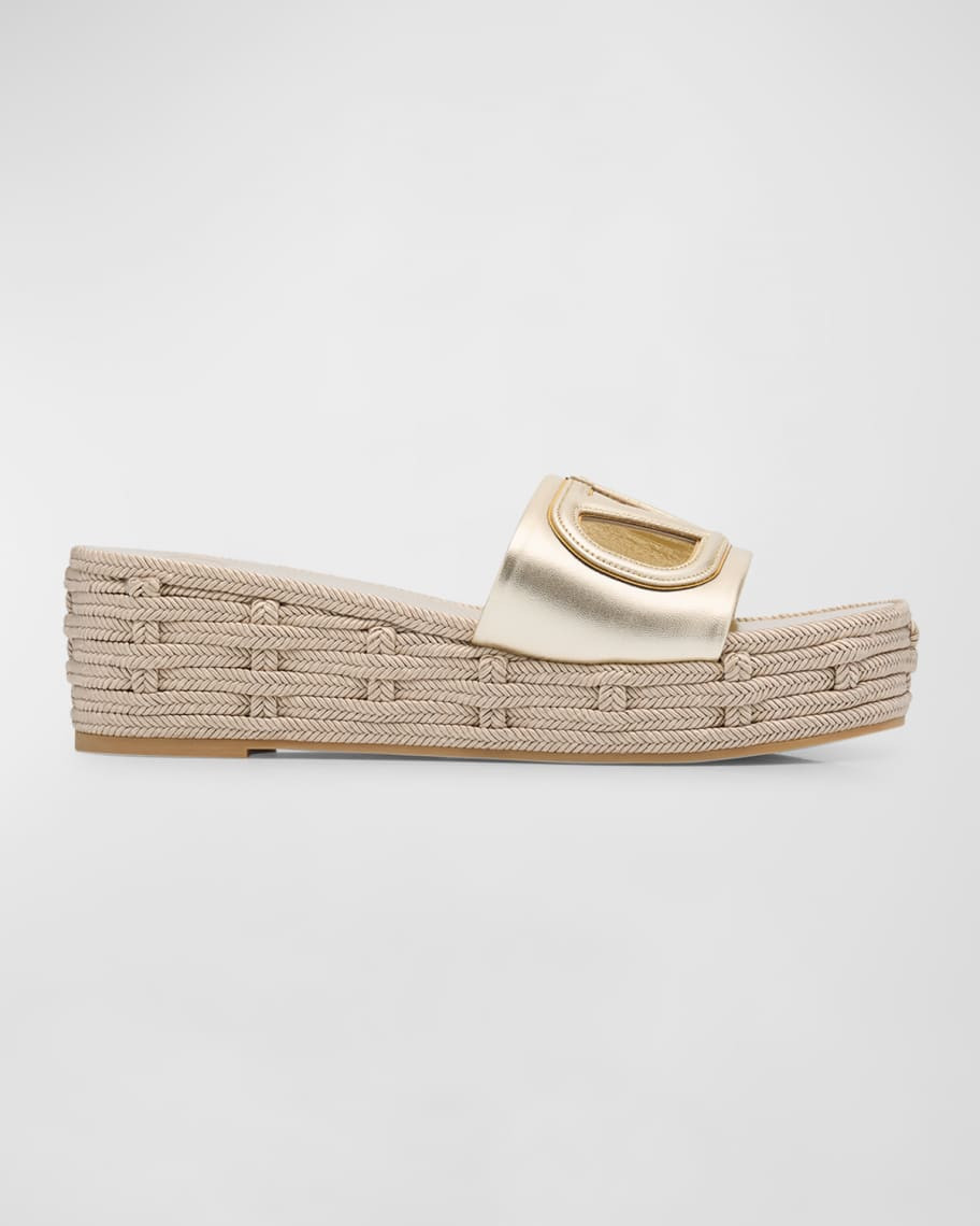 VLogo Cutout Metallic Leather Slide Sandals | Neiman Marcus