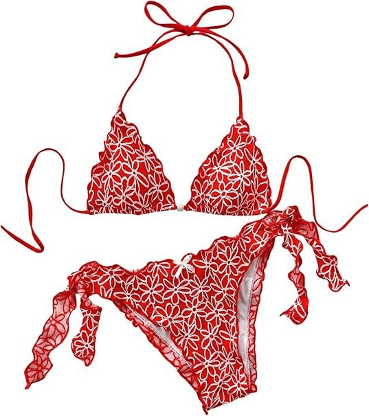 Verdusa Women's 2 Piece Floral Halter Triangle Bikini Sets Ruffle Tie Back Swimsuit Bathing Suits | Amazon (US)