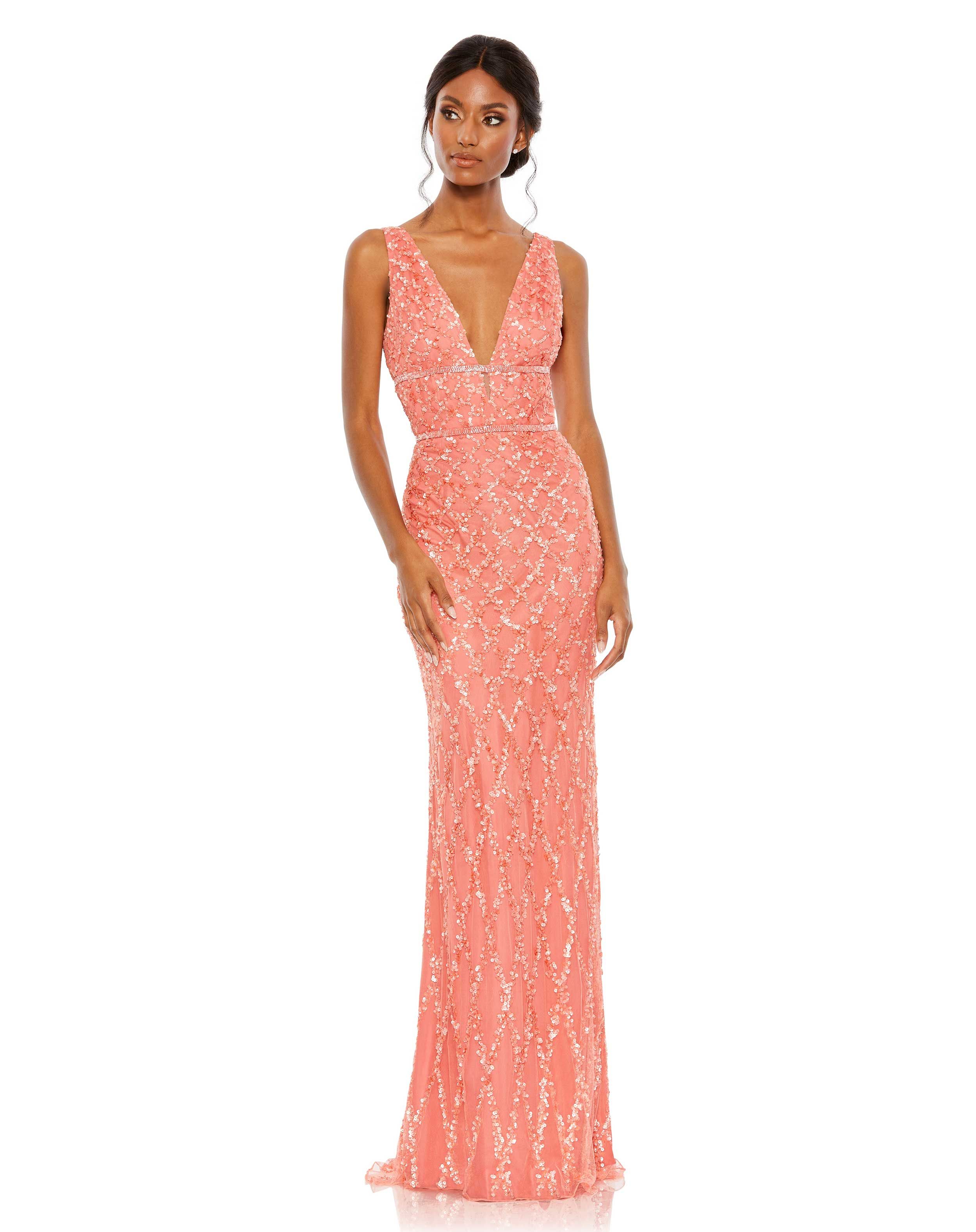 Sequined Plunge Neck Sleeveless Column Gown | Mac Duggal