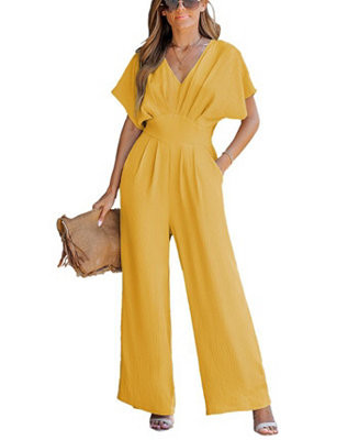 Women's V-Neck Short Sleeve Straight Leg Jumpsuit | Macy's