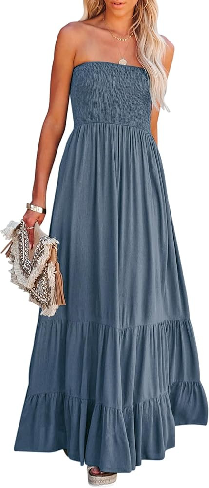 R.Vivimos Womens Summer Cotton Strapless Elastic Smocked Boho Beach Casual Flowy Maxi Tube Dresse... | Amazon (CA)