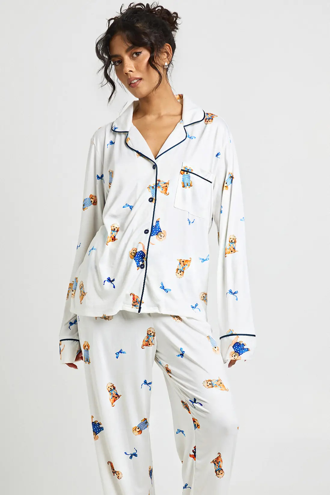 Puppy Bow Print Long Sleeve Shirt & Trouser 3 Piece Pyjama Set | boohoo (US & Canada)