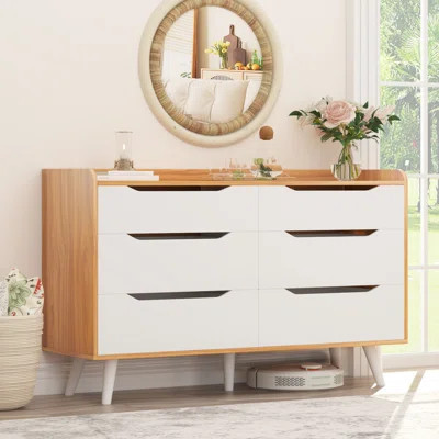 6 Drawer Dresser, Mid-Century Modern Dresser Wide 6 Chest Of Drawers, Wooden Storage Cabinet For Entryway, Bedroom, Living Room, Hallway | Wayfair North America