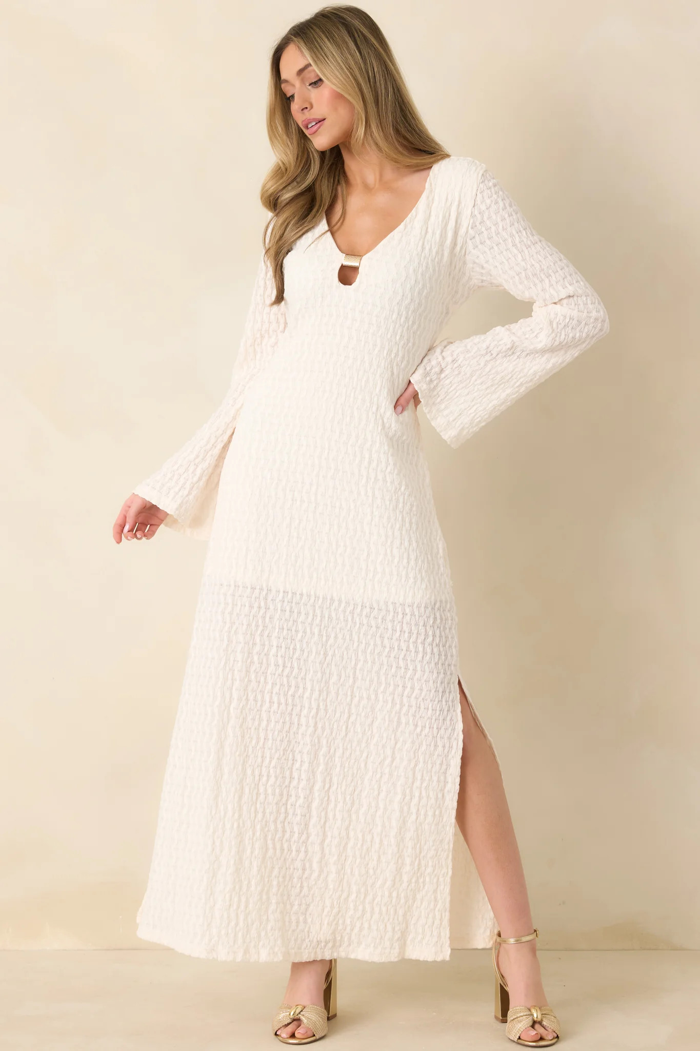 Just a Hint of Glam Ivory Textured Semi-Sheer Long Sleeve Maxi Dress | Red Dress