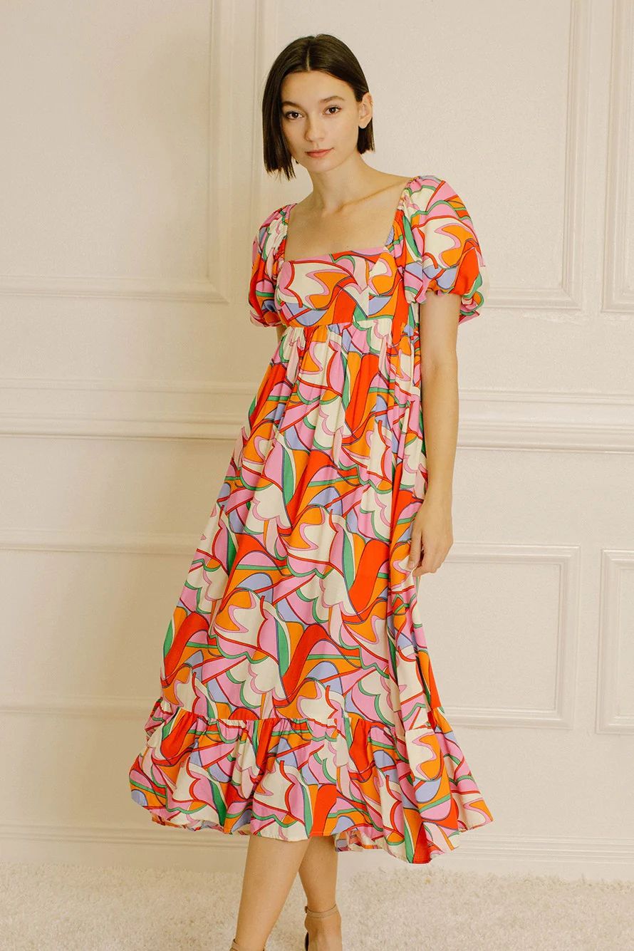 Multi-Color Square Neck Short Puff Sleeve Dress | PinkBlush Maternity