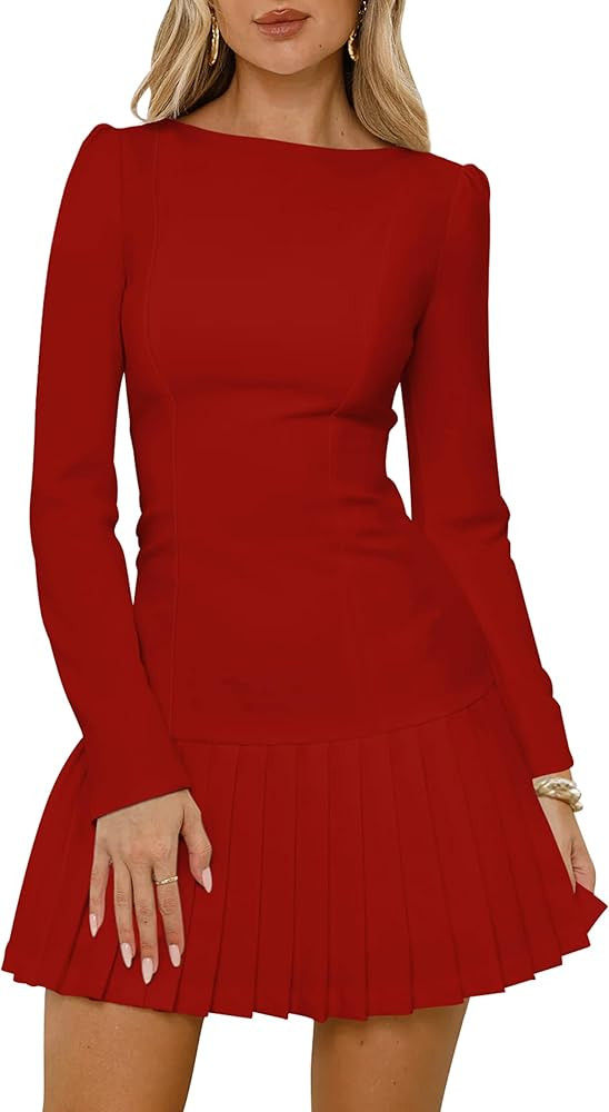 Women's Long Sleeve Mini Dress Sexy Boat Neck Pleated A-line Party Dresses | Amazon (US)