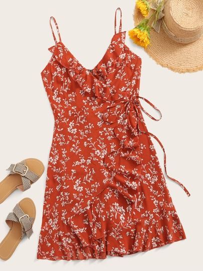 SHEIN Ditsy Floral Print Ruffle Hem Wrap Knotted Cami Dress | SHEIN