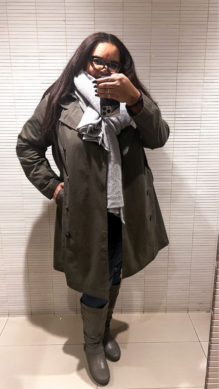 OOTD Midsize Winter Style. Trench Coat, knee-length boots, skinny jeans, cashmere wrap. #ltkover40 

#LTKSeasonal #LTKmidsize #LTKstyletip