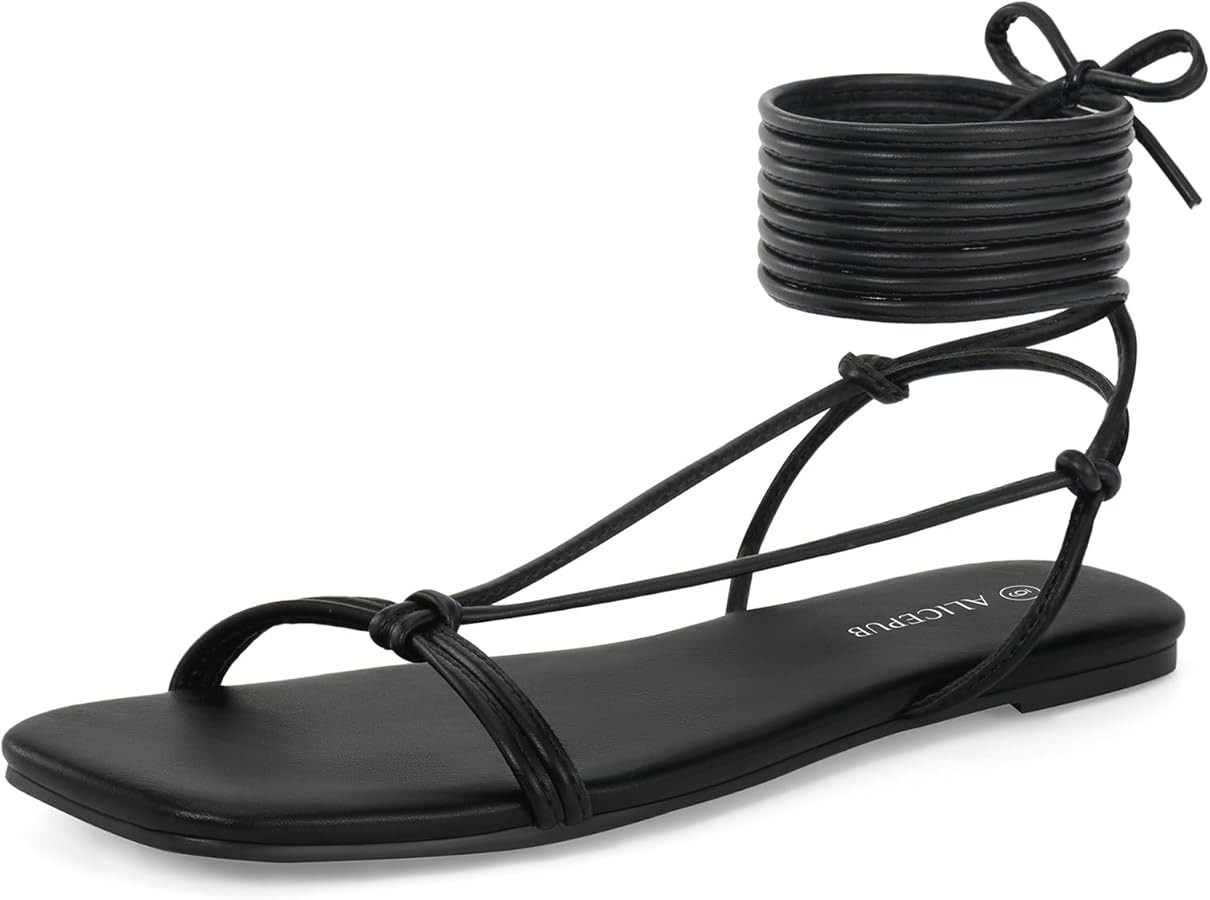 Womens Flat Sandals Lace Up Strappy Sandals For Women, Gladiator Square Toe Summer Flat ... | Amazon (US)
