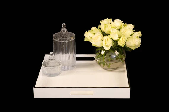 White with Black Edging Square Lacquered Coffee Table Tray, Ottoman Tray, Decorative Tray, Perfum... | Etsy (US)