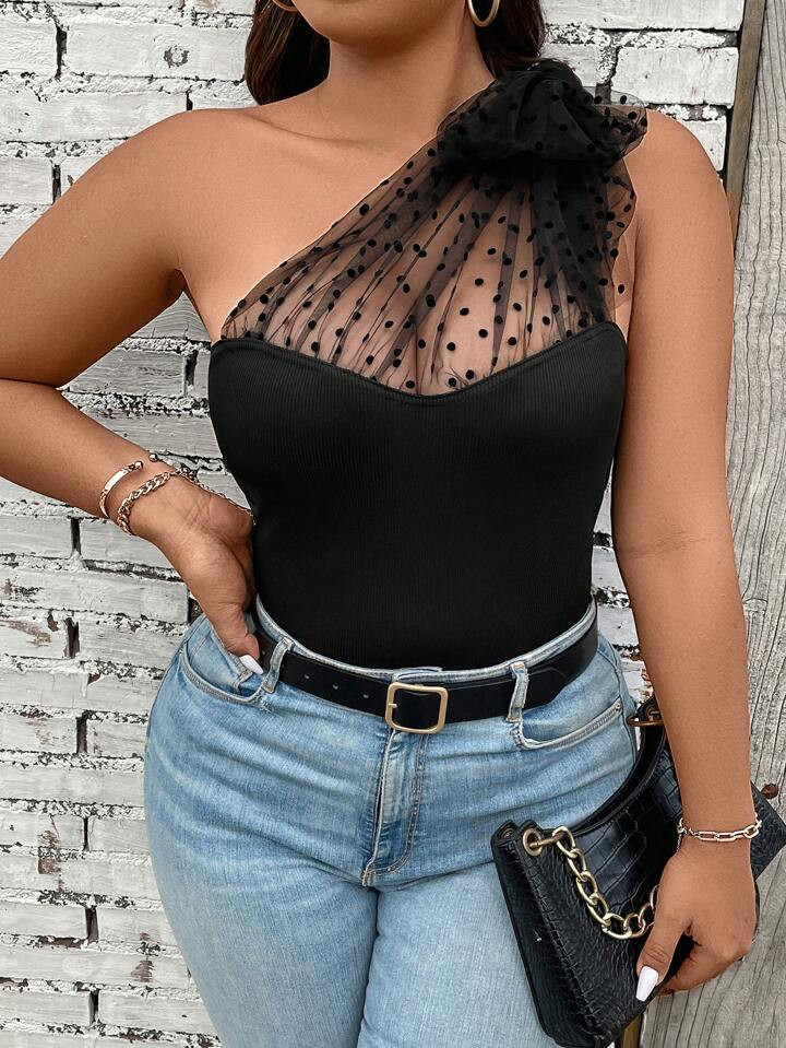 SHEIN Privé Plus Size Women's Polka Dot Mesh Splice Tie-Front Top | SHEIN
