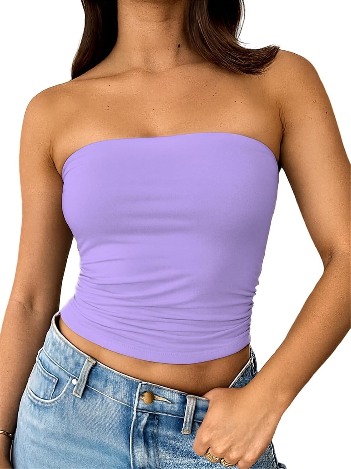ForeFair Women Strapless Tube Tops Double Lined Ruched Backless Bandeau Going Out Top Basic Tank Tops | Amazon (US)