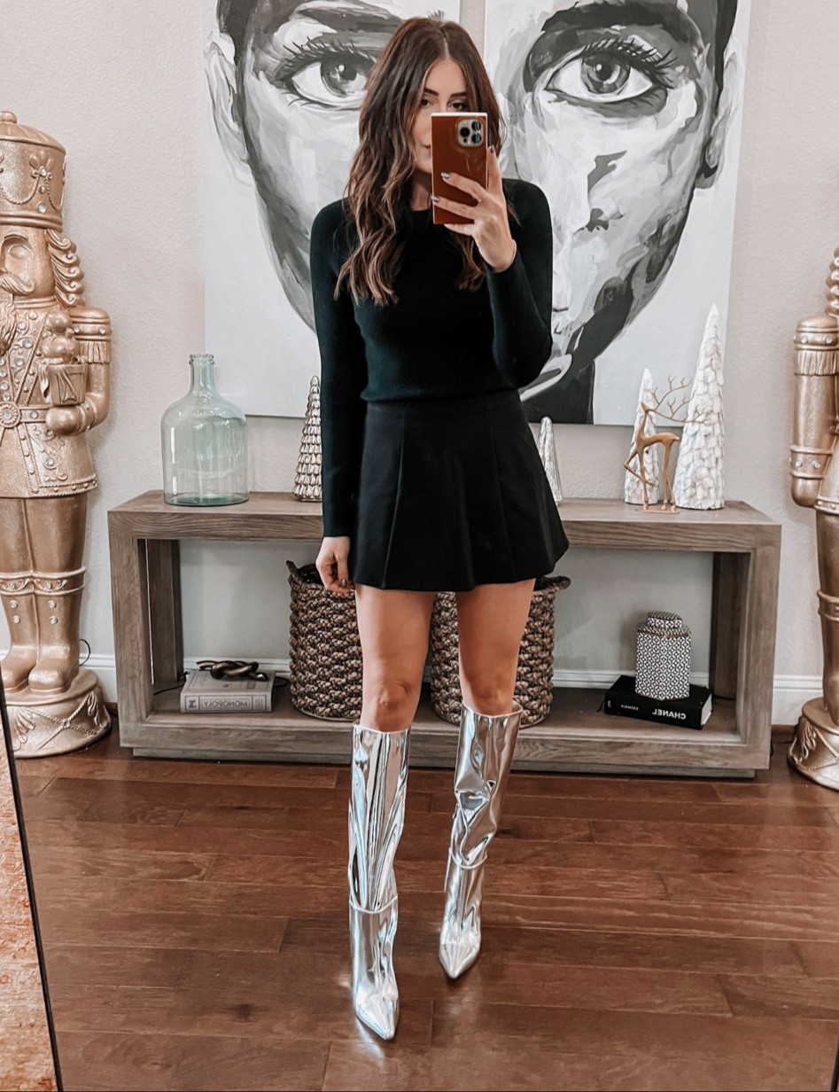 Medium in top
Size 6 in skirt
Silver boots run true to size 

#LTKSeasonal #LTKshoecrush