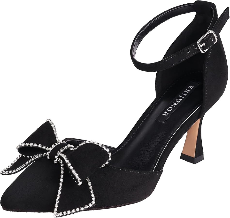 ERIJUNOR Garden Wedding Party Shoes Comfortable Mid Heels Pumps with Bow Knot Ankle Strap Wide Wi... | Amazon (US)