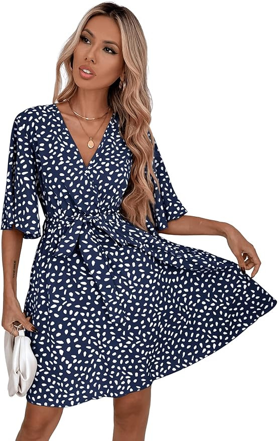 Romwe Women's Short Sleeve V Neck All Over Print High Waist A Line Summer Short Dress Navy Allove... | Amazon (US)
