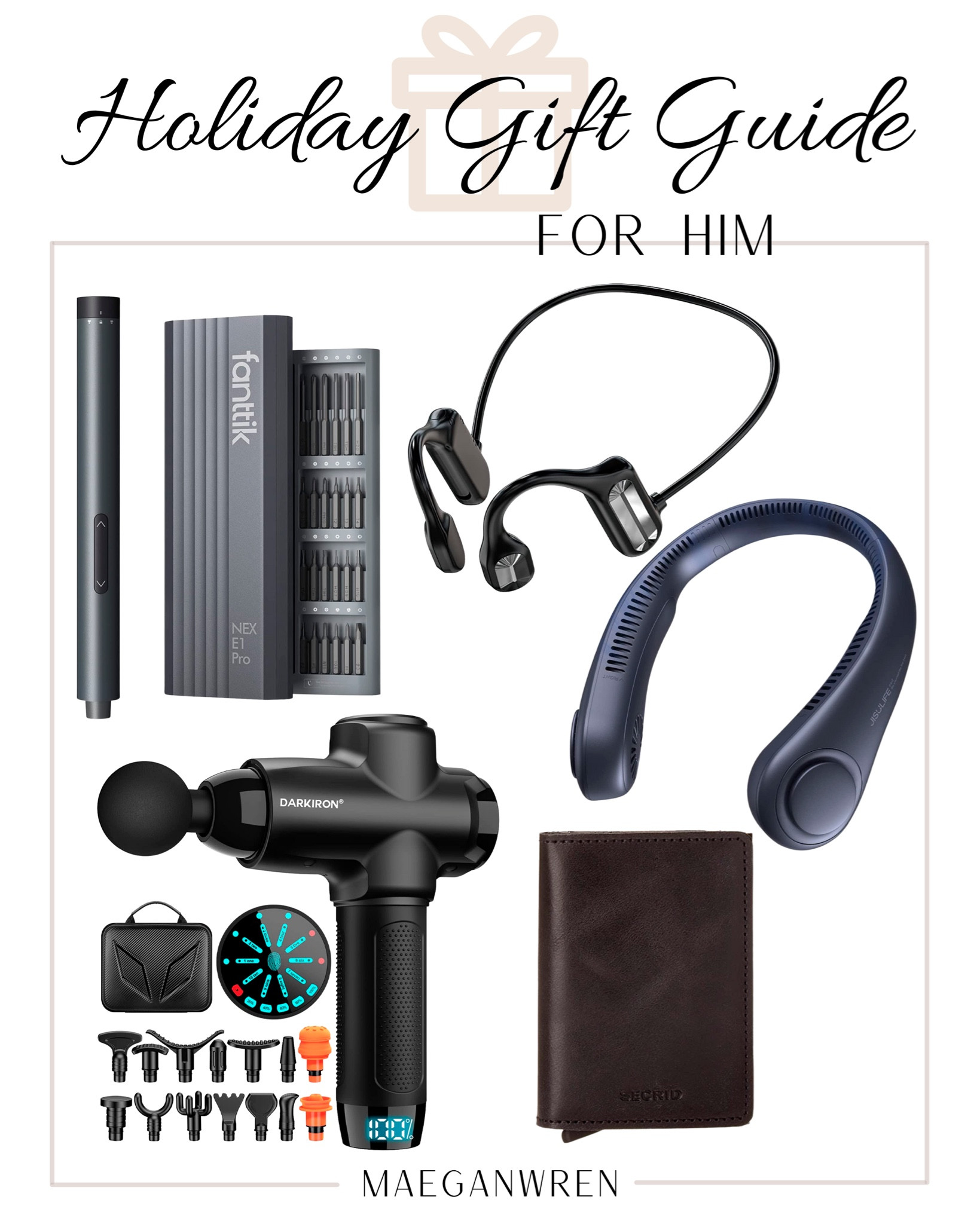Holiday Gift Guide For Him, mini electric screwdriver, multiple attachments, bone conduction headphones, neck fan, massage gun, secrid wallet, affordable, lifestyle

#LTKHoliday #LTKmens #LTKGiftGuide