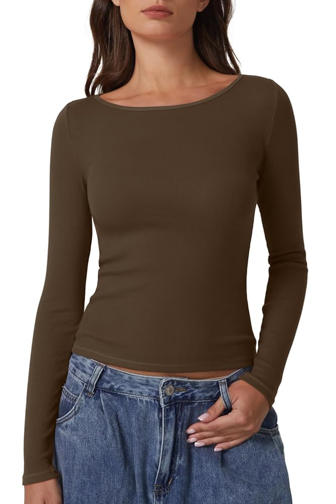 QINSEN Women's Long Sleeve T Shirts Crewneck Tight Fitted Rib Knit Y2k Casual Tee Tops | Amazon (US)