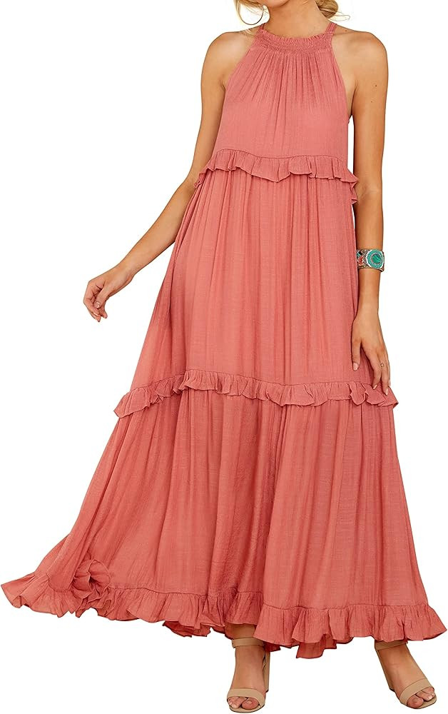 R.Vivimos Womens Summer Dress Cotton Sleeveless Halter Layered Ruffles Casual Boho Flowy Maxi Dress | Amazon (US)