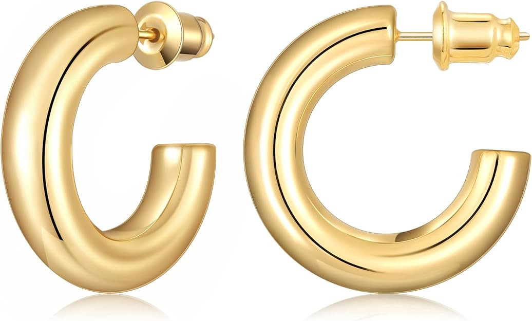 Gacimy Chunky Gold Hoop Earrings for Women 14K Real Gold Plated, 925 Sterling Silver Post Gold Ho... | Amazon (US)
