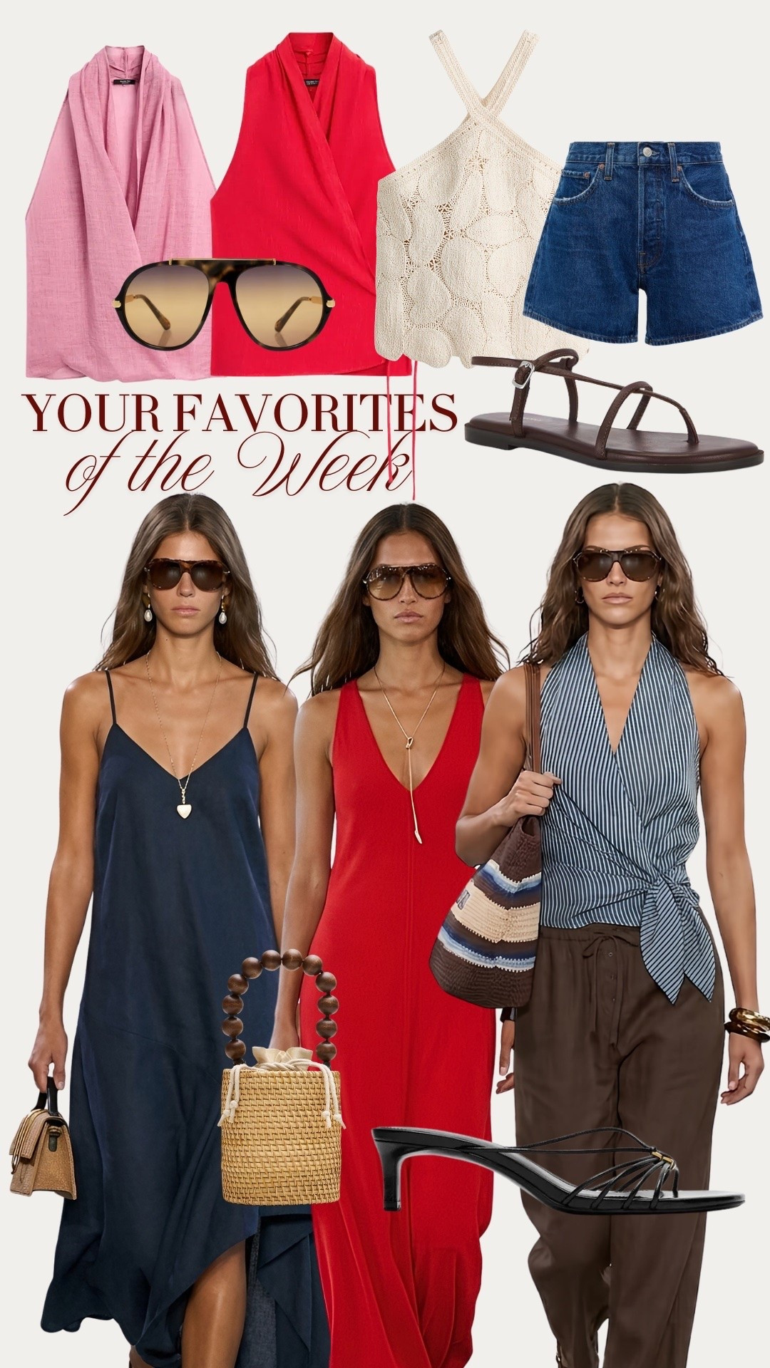 BESTSELLERS OF THE WEEK ✨ Your most loved summer pieces of the week ✨ TAGS: pink halter top, crochet halter top, red linen top, aviator sunglasses, strappy flat sandals,  navy dress Massimo Dutti, red dress Massimo Dutti, cream sandals, summer necklace, raffia bag, black strappy kitten heels, blue top

#LTKkleider #LTKsummer #LTKsale