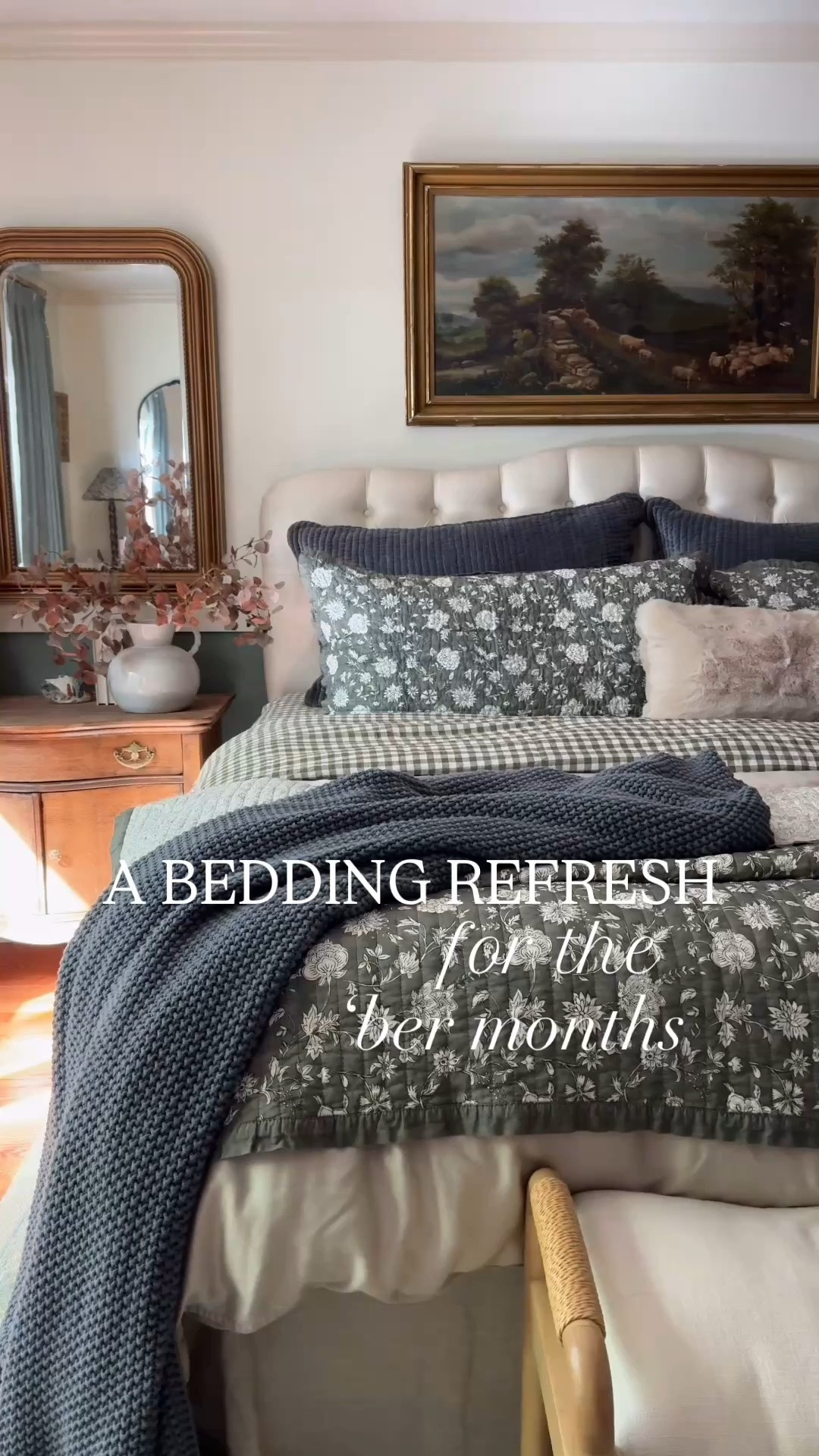 Fall bedding refresh and you can get it all from Amazon. Cozy layers of amazing quality fabrics from Evergrace. Gingham flax linen sheet set, silky soft Tencel duvet set, reversible green floral quilt set, shams, velvet shams, velvet quilt set, faux fur pillow cover, organic cotton chunky knit throw blanket. Luxe sateen duvet cover