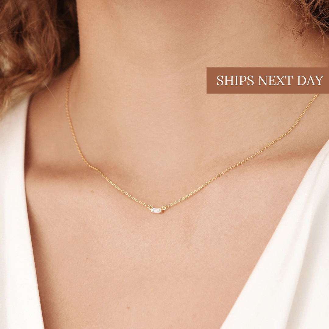 Baguette Diamond Necklace in Gold Rose Gold Sterling Silver - Etsy | Etsy (US)