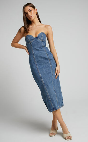 LIONESS - SMOKESHOW STRAPLESS DRESS in BLUE DENIM | Showpo (US, UK & Europe)