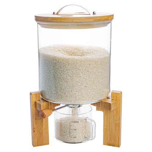 Aprilhp Rice Dispenser, Rice Storage Container, Flour and Cereal Container for Kitchen Organization and Pantry Store, Glass Cereal dispenser with Airtight Lid and Wooden Stand 5L | Amazon (US)