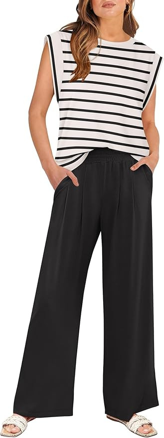 ANRABESS Women 2 Piece Outfits Tank Top & Palazzo Pants 2025 Summer Lounge Matching Sets Travel V... | Amazon (US)