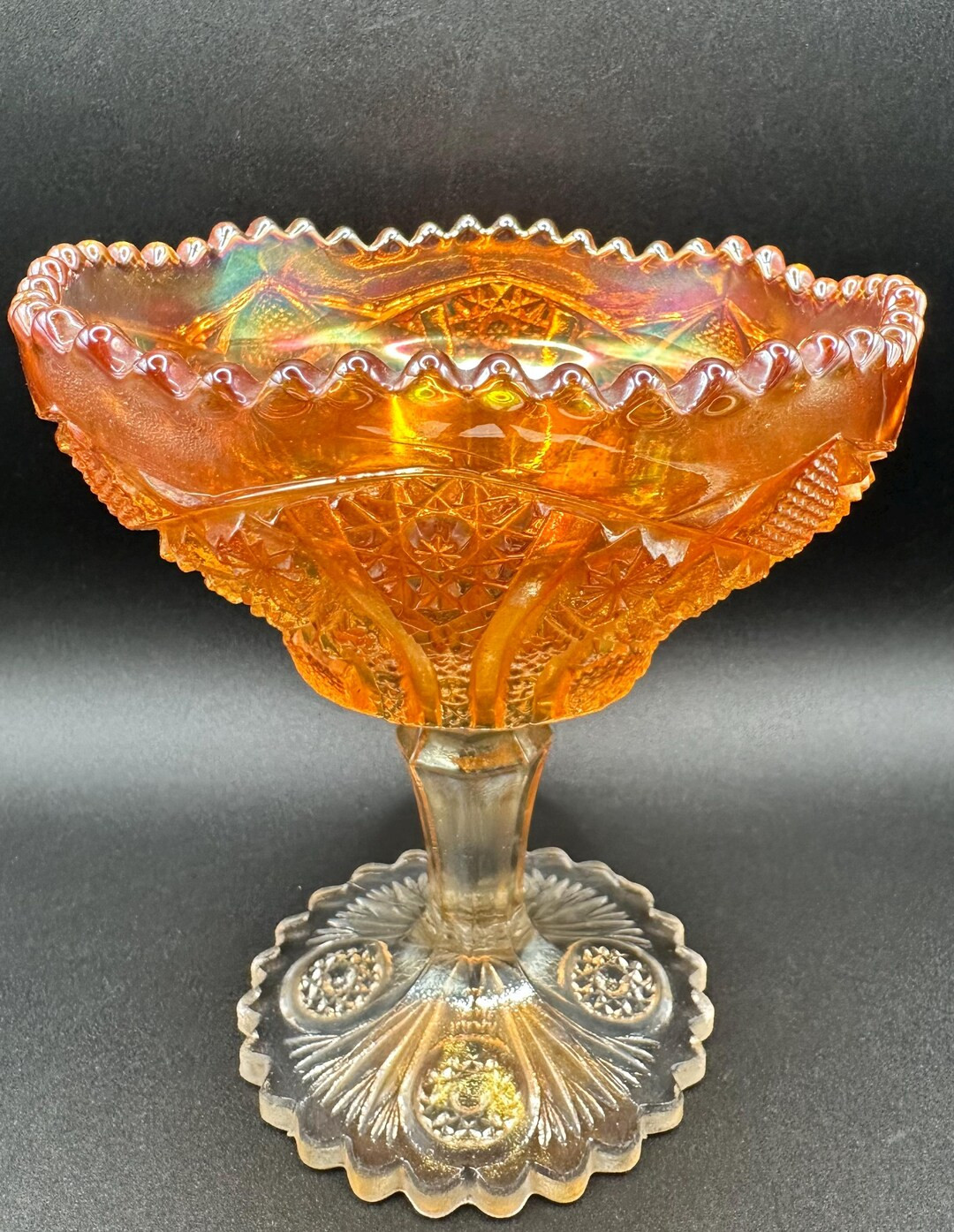 1960's Imperial Glass Orange Carnival Glass Compote Dish with Saw Tooth Edge and Hobstar & Arches... | Etsy (US)