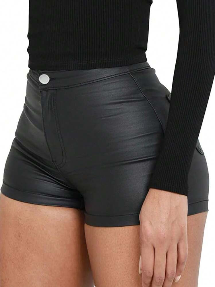 Women's Solid Color Casual Coated Shorts, Sexy Street Style, Autumn/Winter | SHEIN