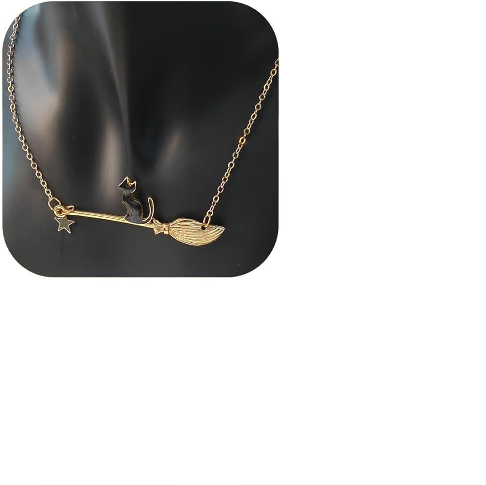Black Cat Necklace for Women Halloween Black Cat Broom Necklace | Amazon (US)