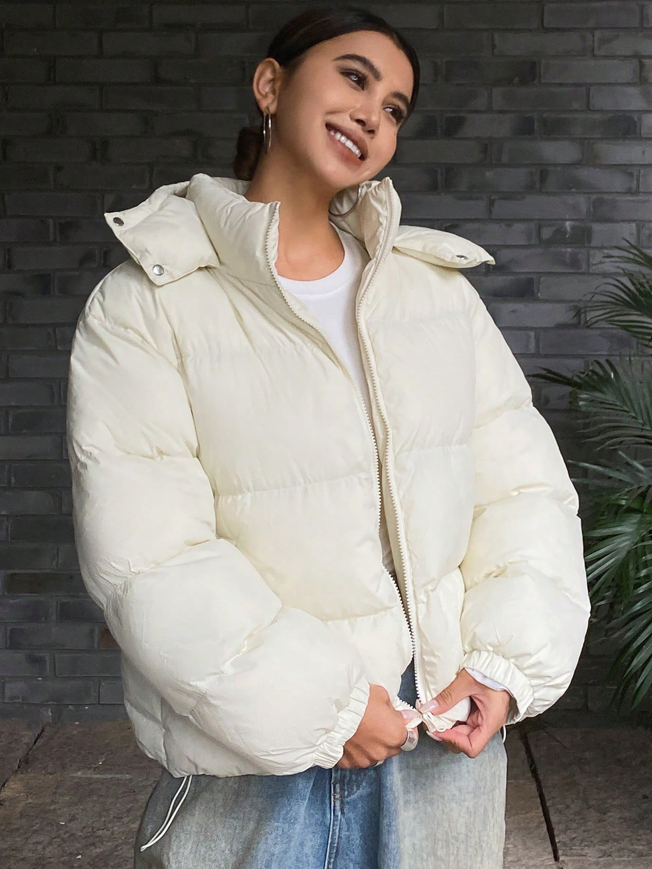 DAZY Casual Solid Color Drawstring Hem Hooded Padded Coat, Winter | SHEIN