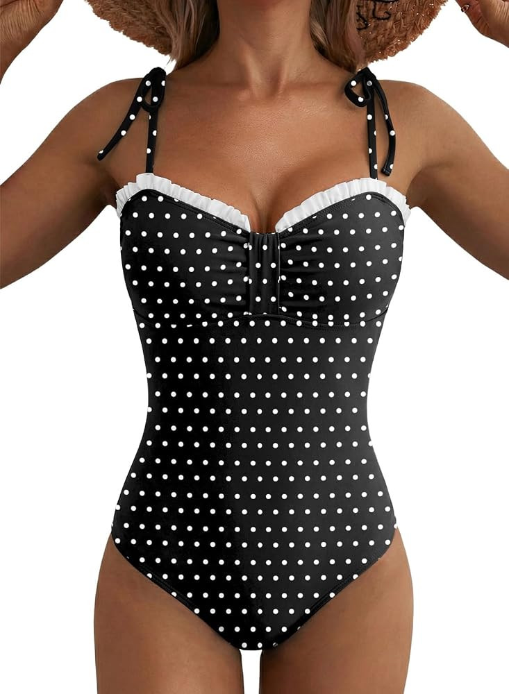 Women's Striped Tie Shoulder One Piece Swimsuits High Cut Swimwear | Amazon (US)