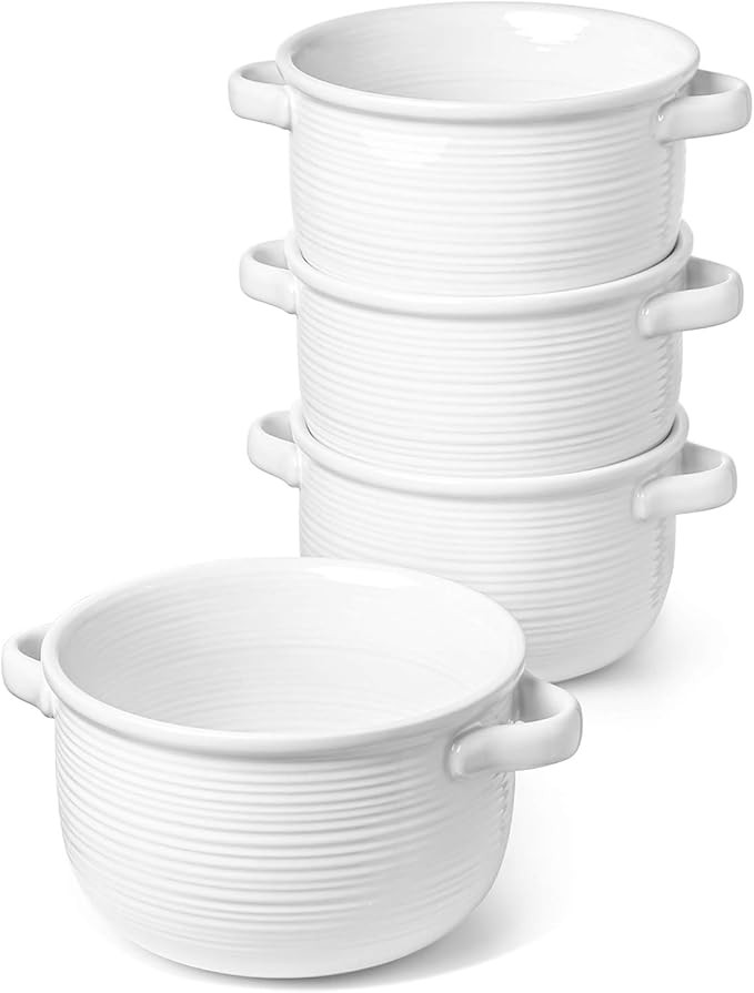 LE TAUCI Soup Bowls With Handles, 28 Ounce for Soup, chili, beef stew, Set of 4, White | Amazon (US)