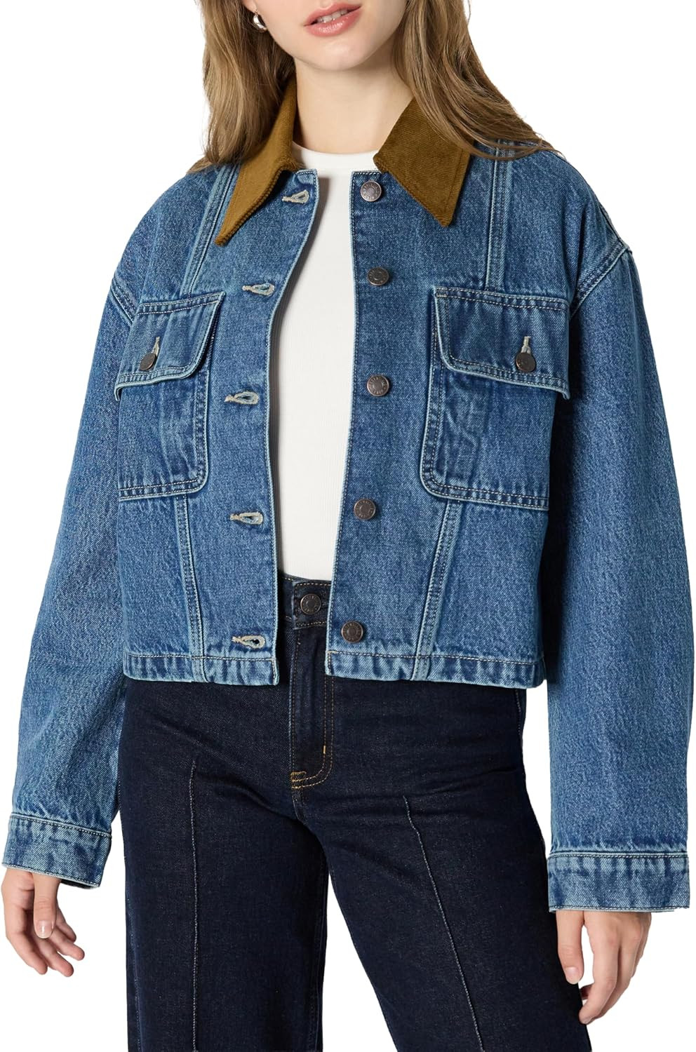 Amazon Essentials Women's Oversized-Fit Cropped Heavyweight Denim Jacket with Contrast Corduroy Collar | Amazon (US)