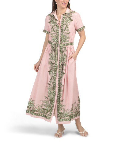 Linen Blend Button Front Waist Tie Maxi Shirt Dress | Marshalls