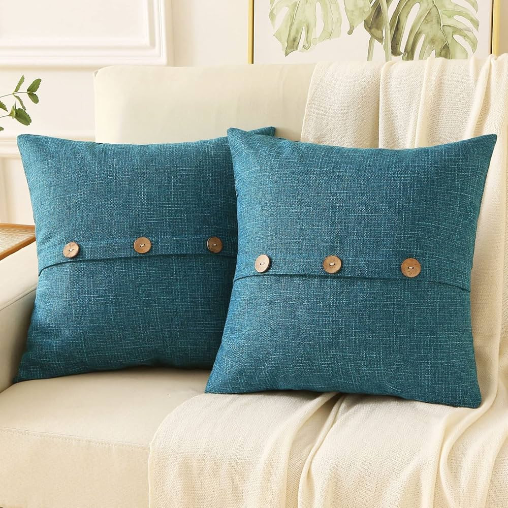 HAUSSY Teal Linen Decorative Throw Pillow Covers 18x18 Inch Set of 2,Square Cushion Case with 3 V... | Amazon (US)