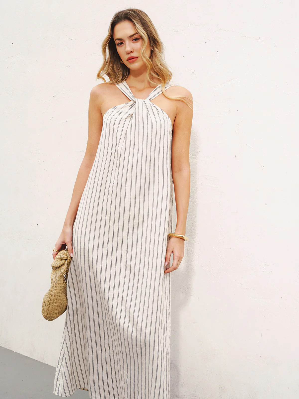Halter Striped Cotton-Linen Maxi Dress | Commense