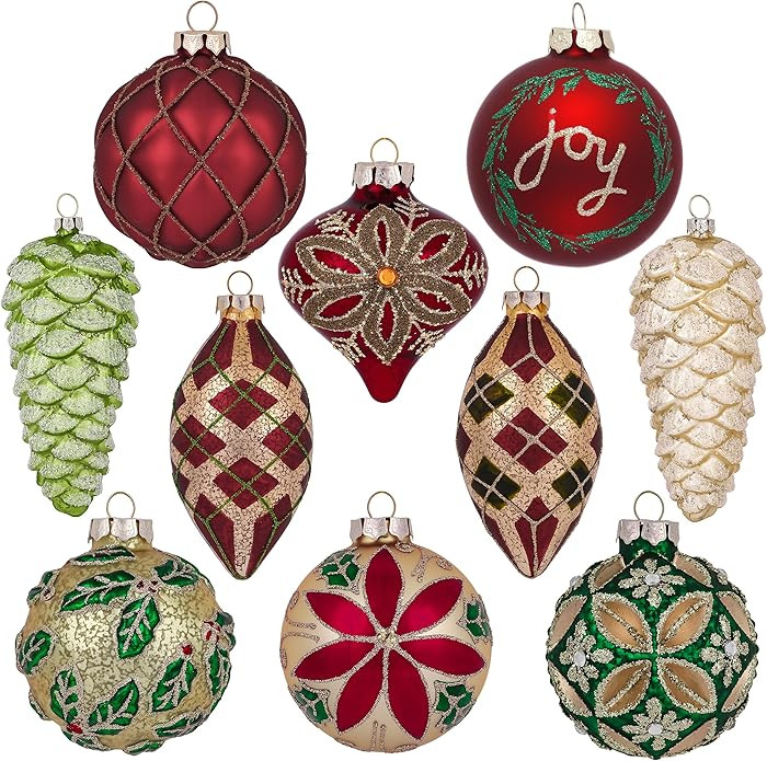 Valery Madelyn Glass Christmas Ornaments Set, 10ct Red Green and Gold Mercury Blown Glass Christm... | Amazon (US)