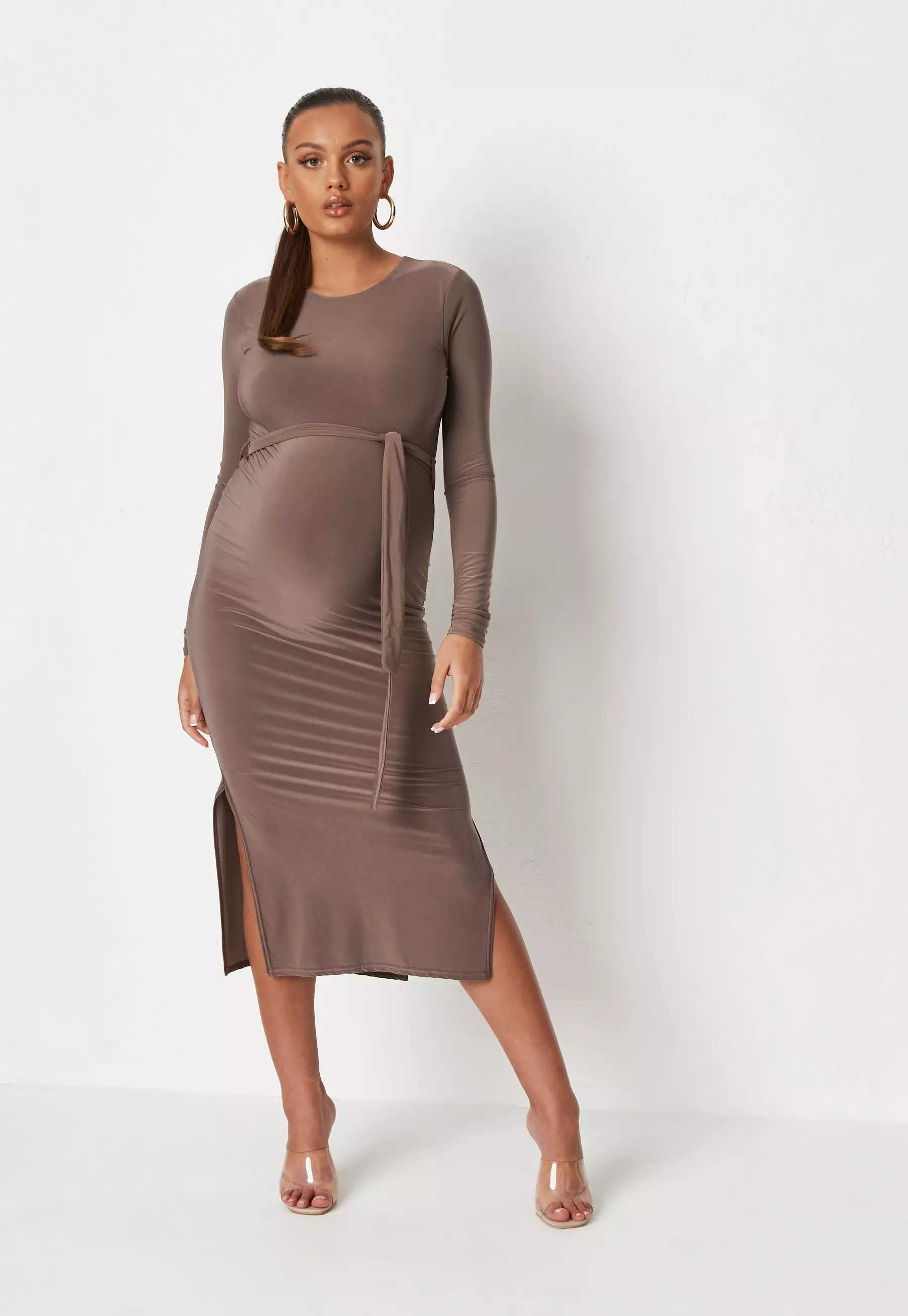 Taupe Slinky Belted Maternity Midi Dress | Missguided (US & CA)