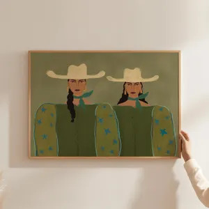 Two Cowgirls Western Print, Hand Drawn Folk Portrait, Boho Wall Art (Digital Download) | Etsy (Global)