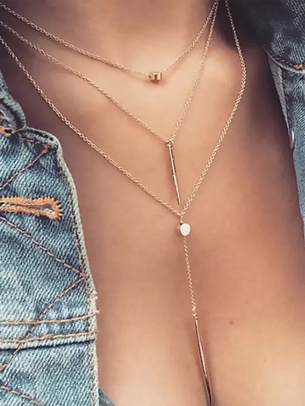 1pc Simple & Fashionable Metal Multi-Layer Long Bar & Small Round Disk Shaped Pendant Collarbone ... | SHEIN