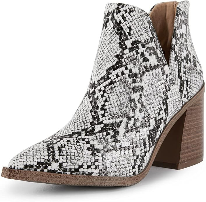 Womens Pointed Toe Stacked Mid Heel Ankle Boots V Cut Back Zipper Faux Leather Booties | Amazon (US)