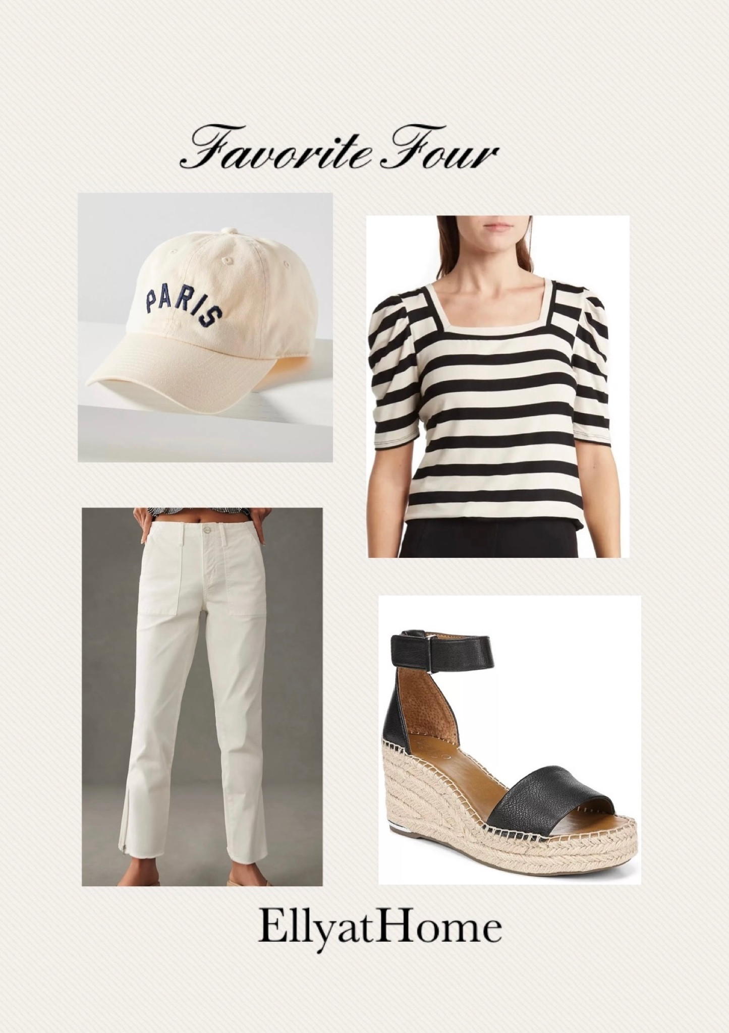 Chic casual look in black, white, beige. Paris baseball cap, white pants, black strip top with ruffled sleeve, black sandal espadrilles. Weekend, day date. Handbags, sunglasses. Anthropologie, Nordstrom Rack, Macy’s. DSW, Marshall’s. 

#LTKsalealert #LTKstyletip #LTKshoecrush