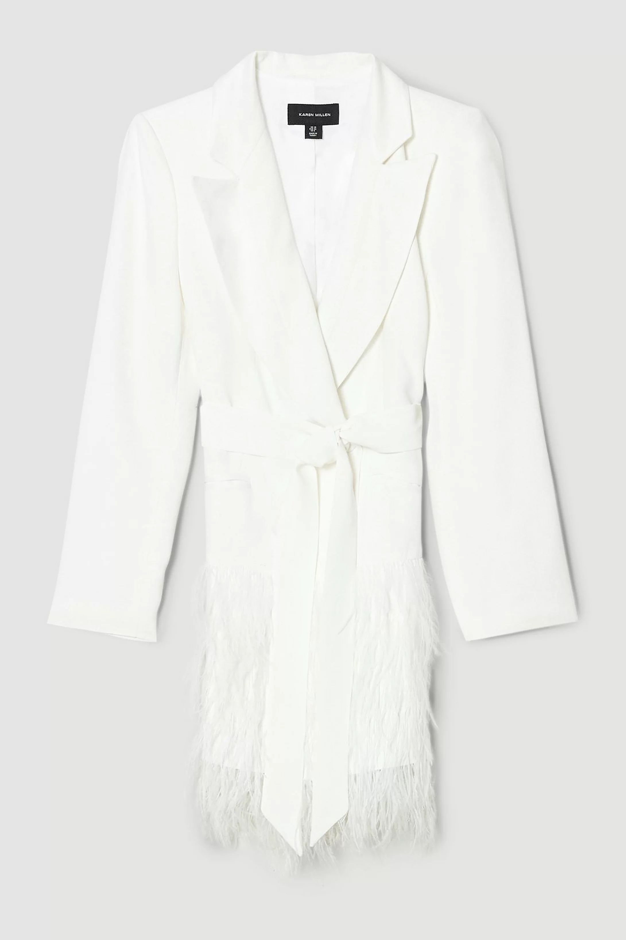 Viscose Satin Crepe Feather Hem Tailored Double Breasted Tux Mini Dress | Karen Millen US