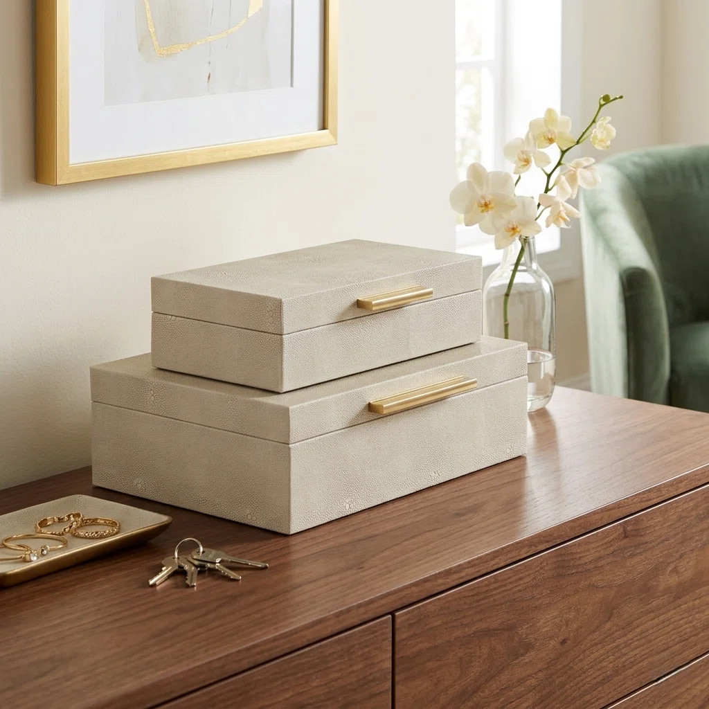 Lusan Rectangular Decorative Box Set - Cream Faux Shagreen | Wayfair North America