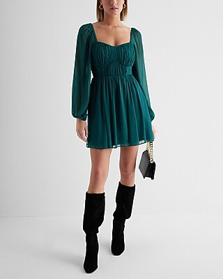 Sweetheart Neckline Long Sleeve Mini Babydoll Dress | Express