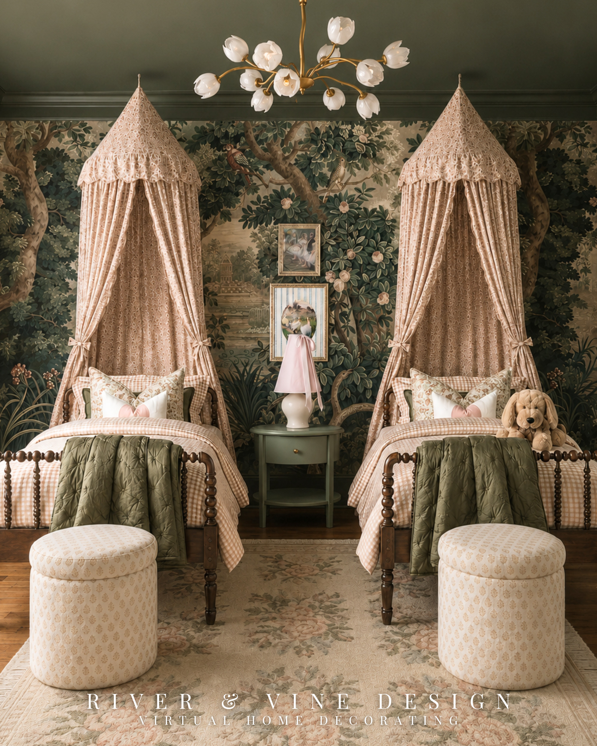 Deep green trim gives the pattern a beautifully finished edge, while blush curtains, a floral rug, and the skirted chair pull out its softer tones. The cream dresser creates a quiet focal point and gives the botanical art, lamp, and decorative boxes room to shine. It’s an easy formula for mixing pattern: begin with one statement piece, repeat its colors throughout the room, and introduce a substantial neutral piece for balance.

Save this color combination for later. Every piece that brings the room together is included below.

traditional girls bedroom decor, botanical wallpaper bedroom, blush pink curtains, floral bedroom rug, cream dresser, skirted accent chair, vintage botanical wall art, collected kids room

I may receive a commission from purchases made through my links. 

 #LTKHome