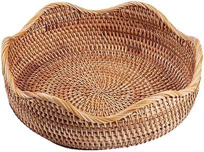 AMOLOLO Handmade Rattan Round Fruit Basket Food Storage Bowls Kitchen Organizer Snack Serving Bowl W | Amazon (US)